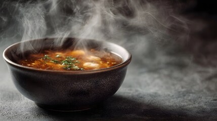 A dark ceramic bowl filled with steaming hot soup garnished with fresh herbs resting on a textured dark surface evoking a sense of warmth and comfort