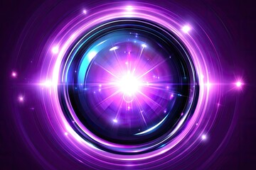 A vibrant purple and pink energy orb, radiating light and surrounded by concentric glowing rings, set against a dark purple backdrop. Lens flare effect creates a sense of depth and luminosity