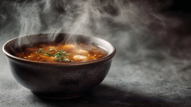 A dark ceramic bowl filled with steaming hot soup garnished with fresh herbs resting on a textured dark surface evoking a sense of warmth and comfort