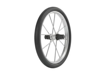 A close-up view of a metallic wheel with a black tire, exhibiting a simple and durable design.