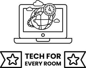 A laptop with a globe on it and the words tech for every room