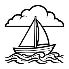 Black and white graphic illustration of a sailboat on wavy water under a cloud waves