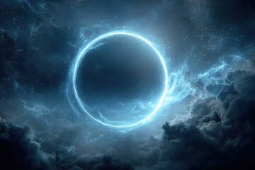 Obraz premium Vibrant photo of blue, glowing ring floating in space, emanating an ethereal light and surrounded by swirling nebulae. the background is dark and starry, creating a contrast.