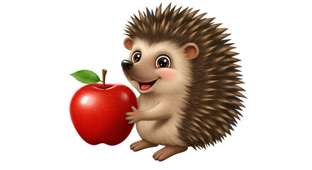 Smiling Hedgehog with Apple: A charming and cheerful hedgehog holds a juicy red apple, inviting feelings of warmth, joy, and the delights of nature in a cute illustration.