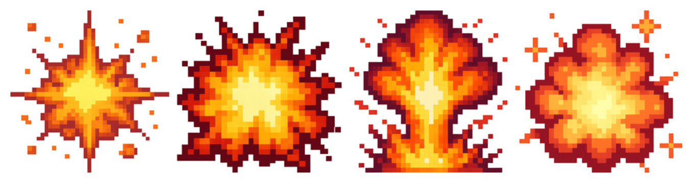 PNG Pixelated fiery explosion sprites, element set on transparent background