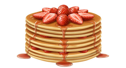 Stack of Pancakes Delight: A tempting stack of golden pancakes is lavishly adorned with vibrant strawberries and drizzled with sweet syrup, ready to indulge the eye and palate alike.