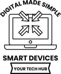 A black and white image of a laptop with arrows pointing to the top left