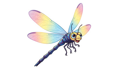 Whimsical Dragonfly: A charming, colorful dragonfly soars gracefully through the air, its wings painted with the soft hues of a rainbow, a symbol of nature's delicate beauty.