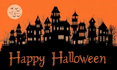 A Halloween sign with a black and orange background and a large moon