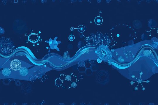 Abstract digital artwork depicting a wave-like form with scattered molecular structures and geometric shapes in varying shades of blue against a dark blue background