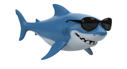Cool Shark: A cheerful cartoon shark, cool in black sunglasses, radiates fun and friendly vibes in a light-filled and captivating scene.