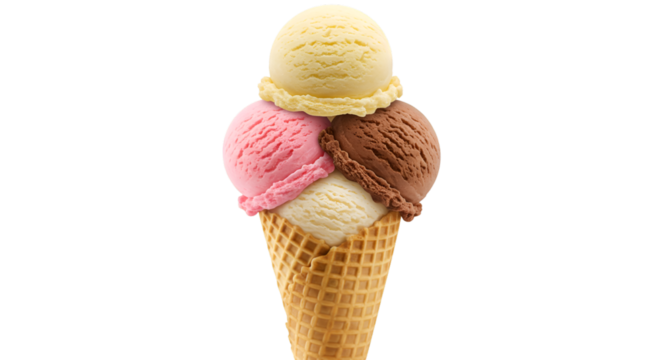 Triple scoop ice cream: A delightful array of three creamy scoops of vanilla, strawberry, and chocolate ice cream gracefully stacked atop a crispy, golden waffle cone.