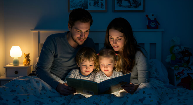 A loving family, mother and father, read a glowing bedtime story to their two young children in a cozy, dimly lit bedroom at night.