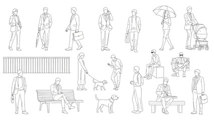 Businesspeople CAD Line Art | Vector Illustration of Men and Women Standing, Walking, Talking for Architecture and Landscape