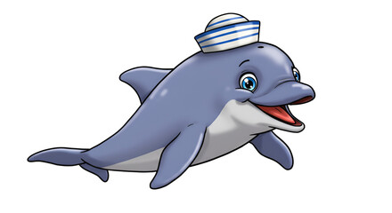Playful Dolphin in Sailor Cap: An animated dolphin, sporting a charming sailor cap, radiates cheerfulness. This illustration showcases an aquatic creature's joy, inviting a smile