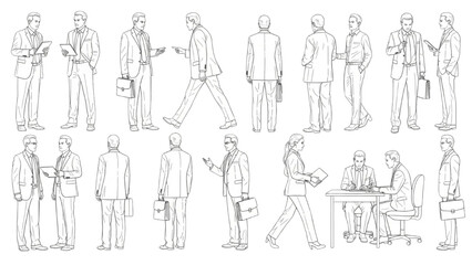 Businesspeople CAD Line Art | Vector Illustration of Men and Women Standing, Walking, Talking for Architecture and Landscape