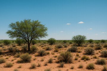 Texas Desert Landscape with Mesquite Trees under Bright Blue Sky
