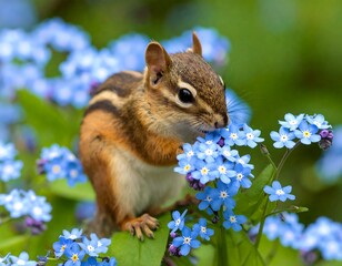 Chipmunk feasting on forget-me-nots