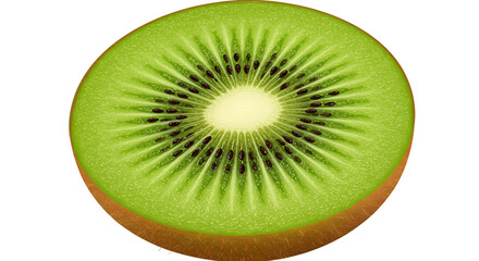 Kiwi Fruit Slice: A vivid, fresh slice of kiwi fruit showcases its bright green flesh, speckled with tiny black seeds, a testament to the fruit's delicious, refreshing qualities. 
