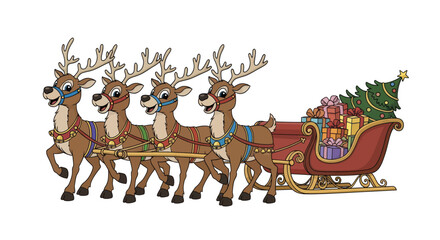 Festive Cartoon Reindeer Pulling Santas Sleigh with Gifts.