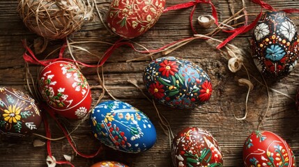 Easter eggs arranged on wooden table, capturing festive spirit and natural light, perfect for holiday themes and digital content.