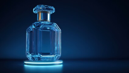Vibrant photo of bottle of white perfume, crystal clear and transparent in shape with an octagonal base, glowing neon light ring around the body, against a pure dark blue.