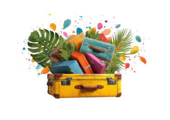 Colorful suitcases overflowing from a vintage yellow suitcase amidst vibrant tropical foliage and balloons