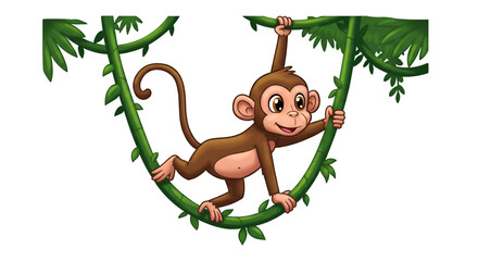Playful Monkey Swinging: A charming illustration captures a lively monkey swinging gracefully on a jungle vine, radiating joy and playful energy.
