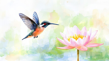 Vibrant hummingbird hovers near delicate pink lotus flower, showcasing beauty of nature in serene watercolor style