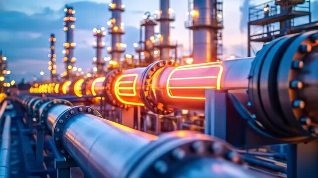 Industrial Pipeline Network at Night with Glowing Heat Tracing