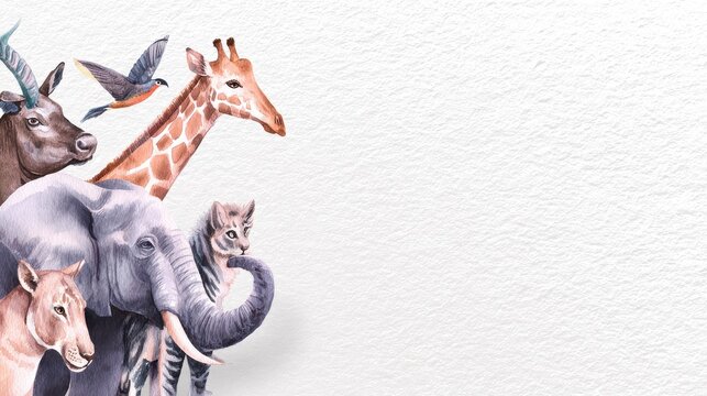 Safari animals rendered in soft watercolor pastels, ideal for nursery decor, learning resources, or creative projects.