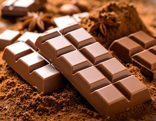 Chocolate bars nestled in cocoa powder with spices