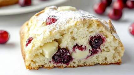 A close-up shot of a piece of cake featuring cranberries, perfect for food or dessert related content