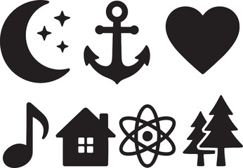 Obraz premium Symbolic Set of Silhouettes: A carefully curated collection of seven evocative silhouettes, each telling a story – the serenity of the moon and stars, the steadfastness of an anchor.