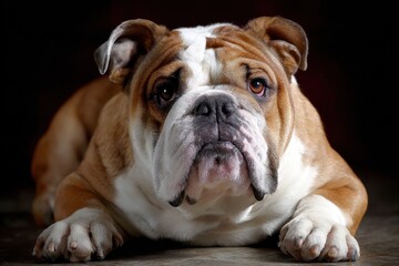 Obraz premium Charming Wrinkly Bulldog with Playful Expression in a Square Frame, Showcasing White and Brown Coat with a Touch of Red