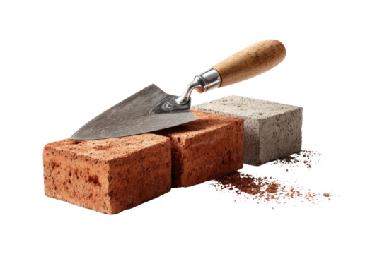 A trowel rests atop two bricks, with mortar dust below.  Dark background