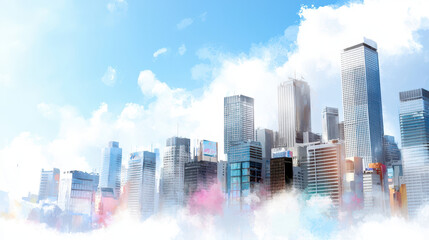 Vibrant city skyline with modern skyscrapers under bright blue sky, surrounded by fluffy clouds, evokes sense of urban energy and creativity