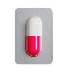 A single, bright-pink-and-white capsule, nestled in a rectangular, light-gray blister pack.  The capsule's halves are distinctly colored, with a visible dividing line