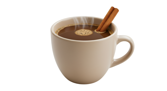 Warm Cup of Coffee and Cinnamon: Steaming coffee, enriched with a cinnamon stick, provides a sense of warmth and comfort. A cozy experience for coffee lovers