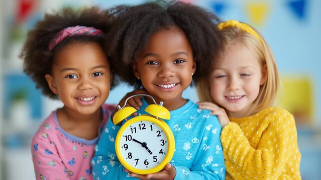 Three smiling girls pose together while holding a bright yellow alarm clock. Colorful backdrop with festive decorations creates a joyful atmosphere