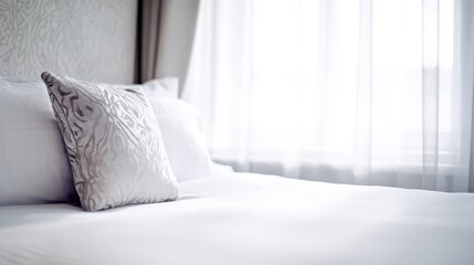 Bedroom scene with white bedding and morning light, ideal for hospitality marketing or interior design inspiration.