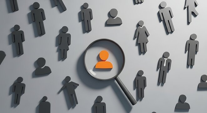 Focus on talent acquisition and employee recruitment: a magnifying glass highlights a single figure from a group. Symbolizes finding the right fit.