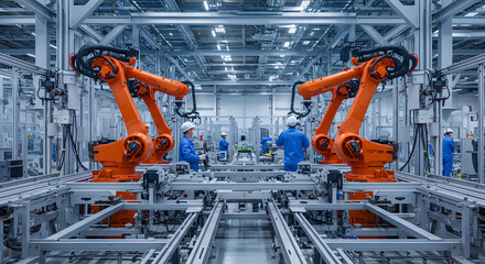 Hyper-Advanced Robotic Automation: Futuristic Smart Factory Assembly Line Manufacturing Next-Gen High-Efficiency Solar Panels with Collaborative Orange Robotics and Human Technicians Under LED Lightin