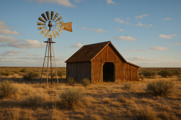 Rustic Texas Windmill and Barn in Desert Landscape at Sunset