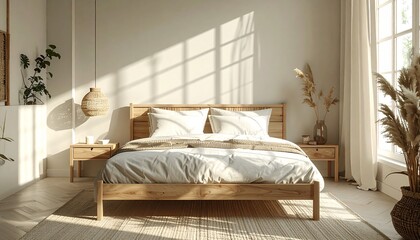 Scandinavian-inspired bed with light wood frame and ivory cushions, placed in a serene airy space with subtle shadows and natural materials
