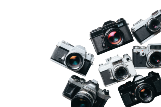 Vintage cameras clustered on black background