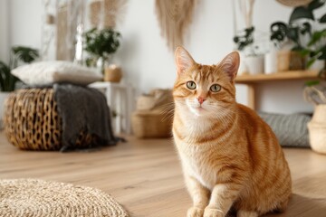 Ginger Feline Relaxing in Stylish Home Environment: A Cozy Living Room Scene