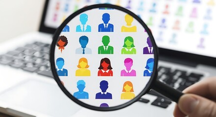 Magnifying glass over a laptop screen displaying diverse profile icons, representing data analytics, recruitment, or market research.