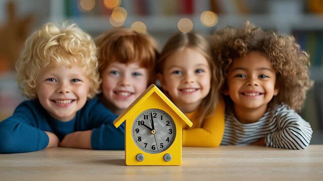 Four children looking at the camera with joyful expressions in a bright room filled with warm lighting. A charming yellow clock sits at the center of the table