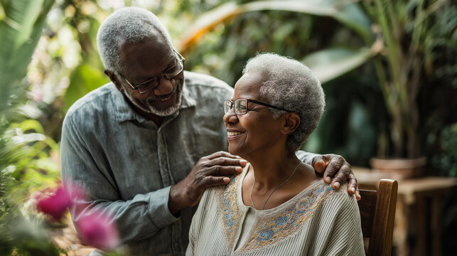 Couple enjoys a tender moment in a lush indoor garden setting on a bright afternoon